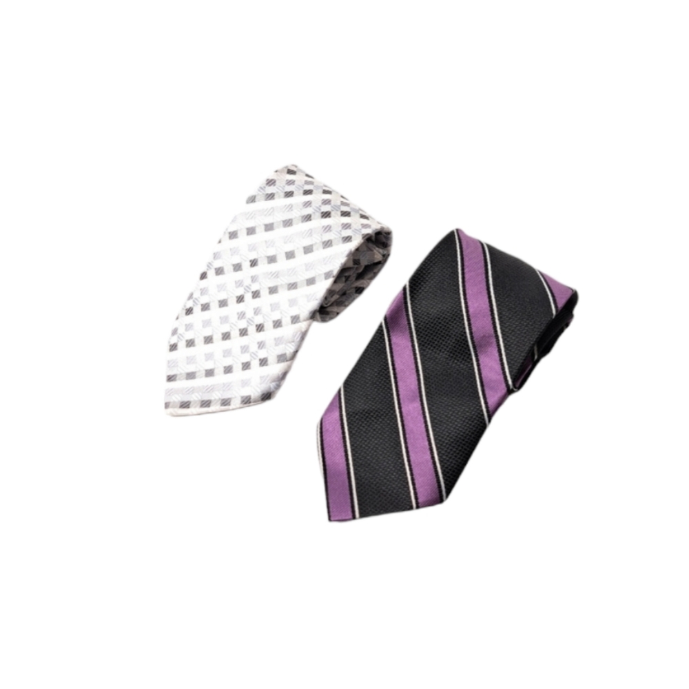 LOT OF 2 Boys Clip Tie‎ Purple, Black, Stripes & Silver, Black, & Grey Di…